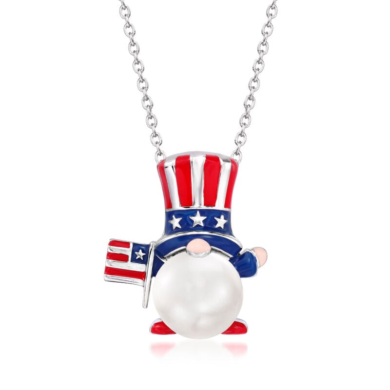 9-9.5mm Cultured Pearl and Multicolored Enamel Patriotic Gnome Pendant Necklace in Sterling Silver. 18&quot; image number 0