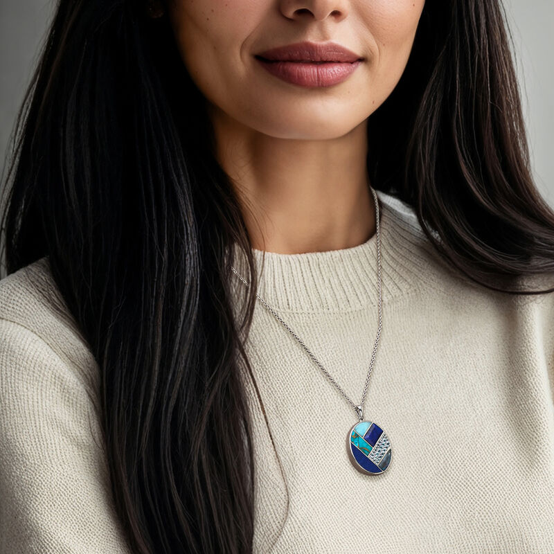 Tonal Blue Multi-Gemstone Inlay Pendant Necklace with 3.70 Carat Sapphire and .80 ct. t.w. Swiss Blue Topaz in Sterling Silver. 18&quot; image number 0