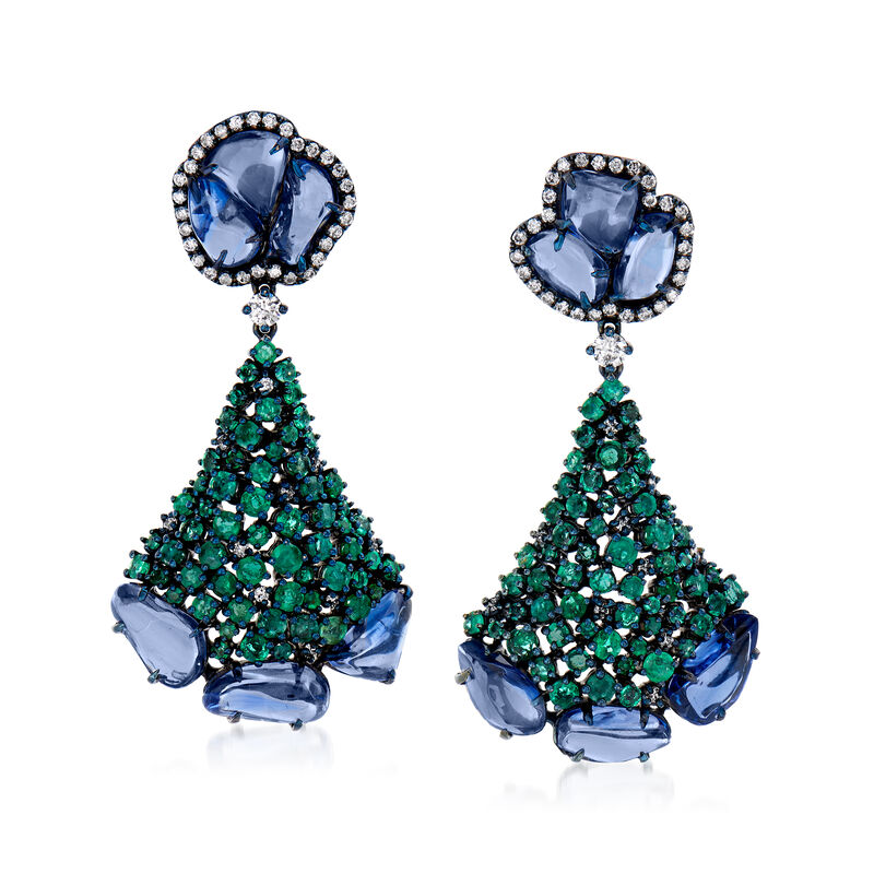 20.00 ct. t.w. Sapphire and 5.30 ct. t.w. Emerald Drop Earrings with .80 ct. t.w. Diamond in 18kt White Gold image number 0