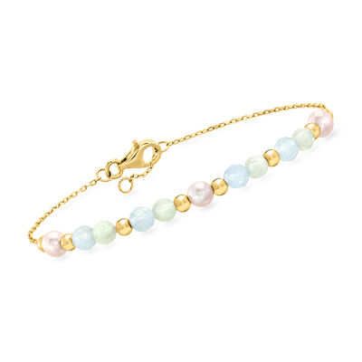 1.80 ct. t.w. Aquamarine and 4-4.5mm Prehnite Bead Bracelet with 4.5-5mm Cultured Pearls in 18kt Gold Over Sterling