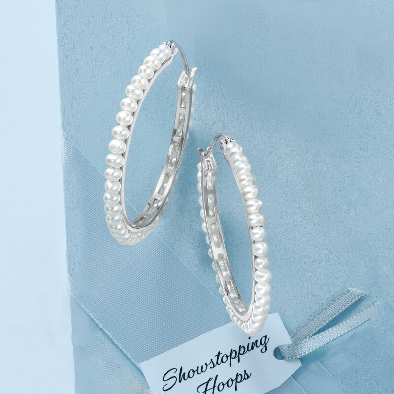 3.5-4mm Cultured Pearl Hoop Earrings in Sterling Silver. 1 7/8&quot; image number 2
