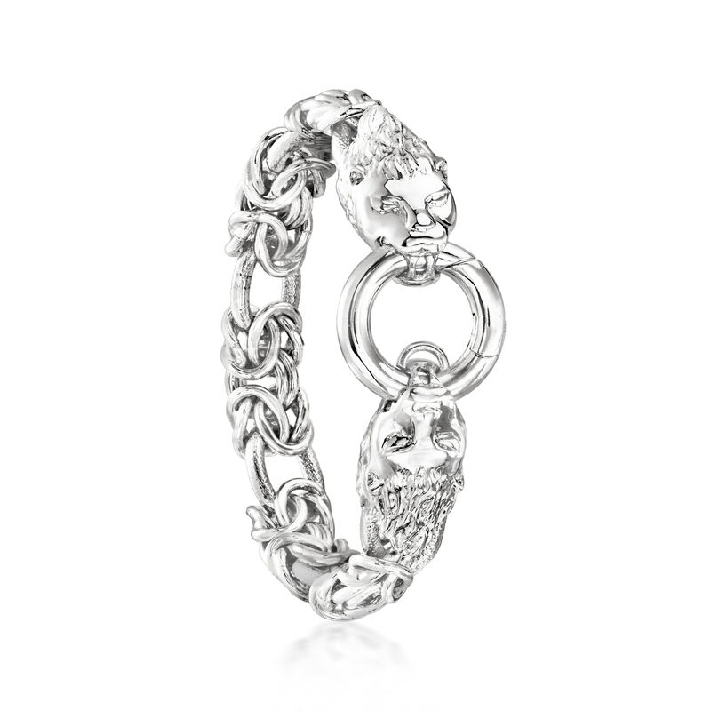 Italian Rhodium-Plated Double Lion Head Byzantine Bracelet image number 2