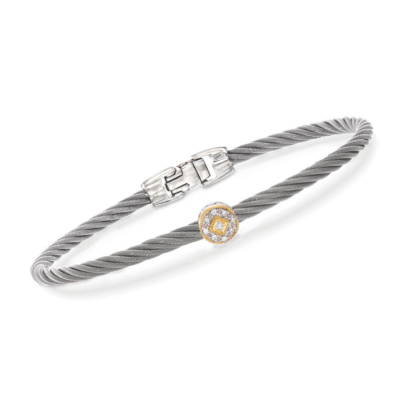 ALOR &quot;Shades of Alor&quot; Gray Stainless Steel Cable Station Bracelet with Diamond Accents and 18kt Yellow and White Gold. 7&quot; image number 0