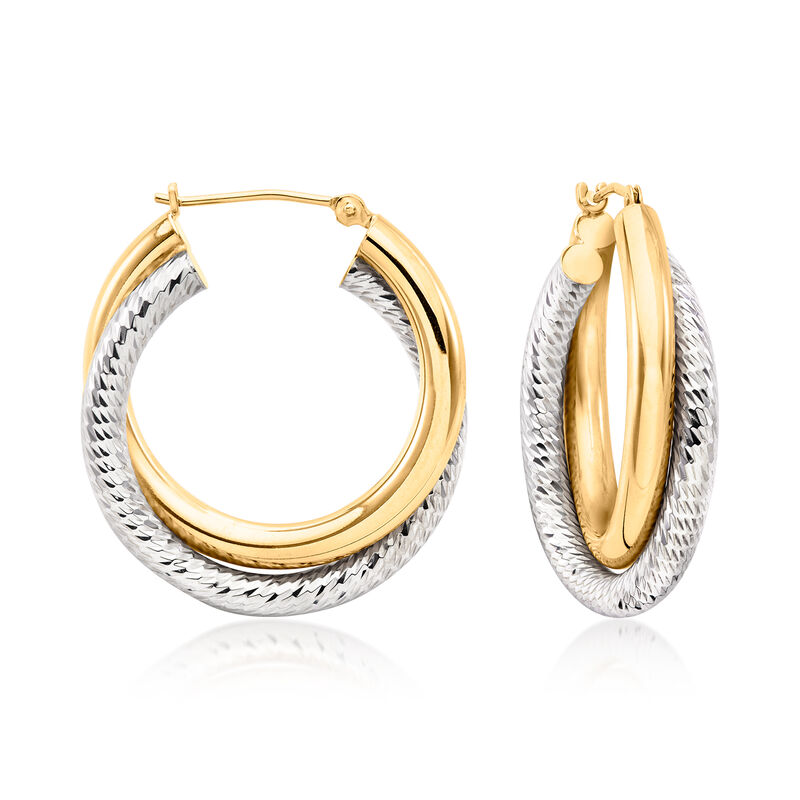 C. 1990 Vintage 14kt Two-Tone Gold Double-Hoop Earrings. 1 1/16" image number 0