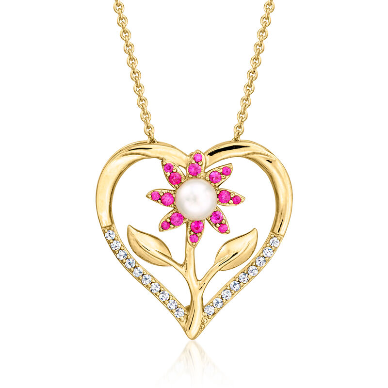 5-5.5mm Cultured Pearl, .20 ct. t.w. White Zircon and .20 ct. t.w. Ruby Flower Heart Pendant Necklace in 18kt Gold Over Sterling. 18&quot; image number 0
