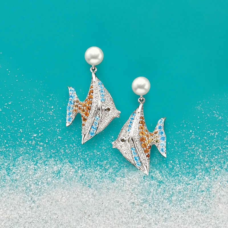 7-7.5mm Cultured Pearl and 1.65ct. t.w. Multi-Stone Angelfish Earrings in Sterling Silver. image number 2