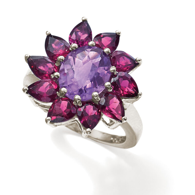 2.50 Carat Amethyst and 3.50 ct. t.w. Rhodolite Garnet Flower Ring in Sterling Silver image number 3