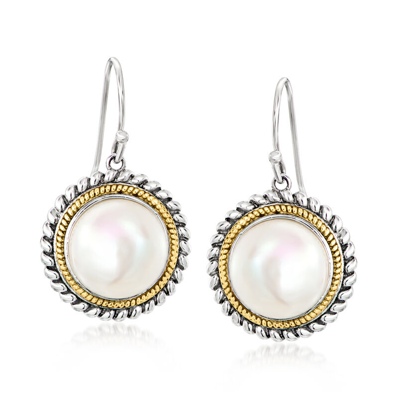 10.5-11mm Cultured Pearl Roped-Edge Drop Earrings in Sterling Silver and 14kt Yellow Gold image number 0
