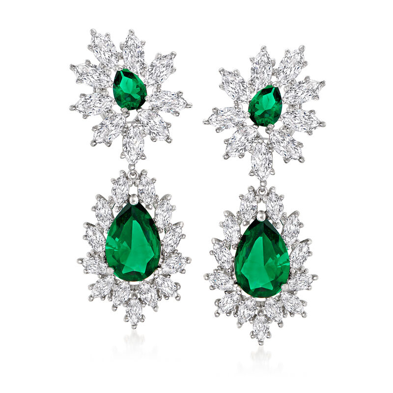 15.50 ct. t.w. CZ and 12.00 ct. t.w. Simulated Emerald Drop Earrings in Sterling Silver  image number 0