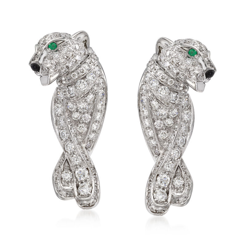 C. 1990 Vintage Cartier 1.35 ct. t.w. Diamond Panther Earrings with Emerald and Black Onyx Accents in 18kt White Gold image number 0