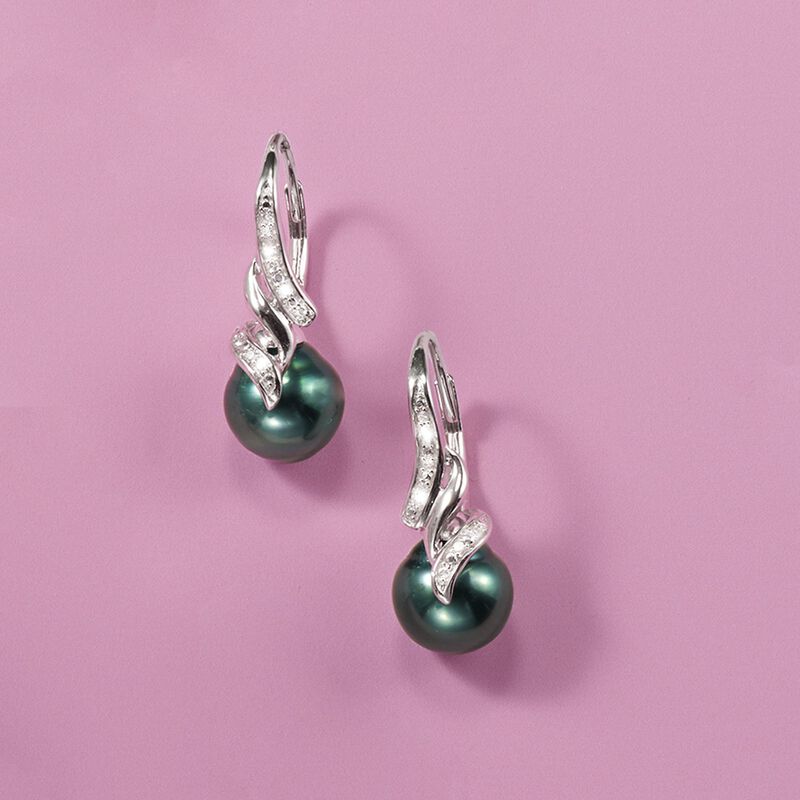 9-9.5mm Black Cultured Tahitian Pearl Drop Earrings with Diamonds in Sterling Silver  image number 2