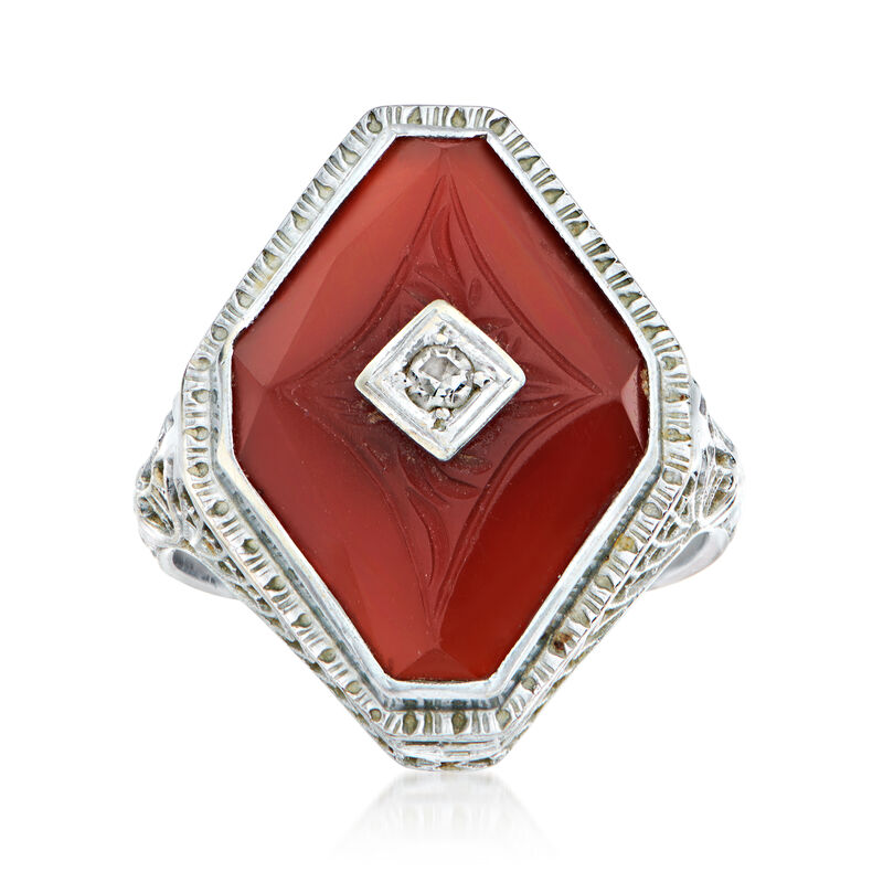 C. 1940 Vintage Carnelian Ring with Diamond Accent in 14kt White Gold. Size 5.75 image number 0