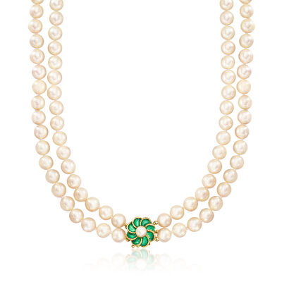 C. 1980 Vintage 5.5-7.5mm Cultured Pearl Flower Necklace with Green Enamel in 14kt Yellow Gold