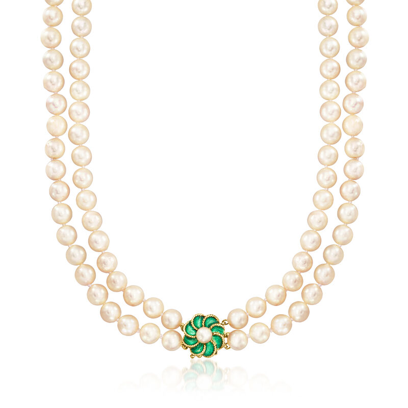 C. 1980 Vintage 5.5-7.5mm Cultured Pearl Flower Necklace with Green Enamel in 14kt Yellow Gold. 16" image number 0