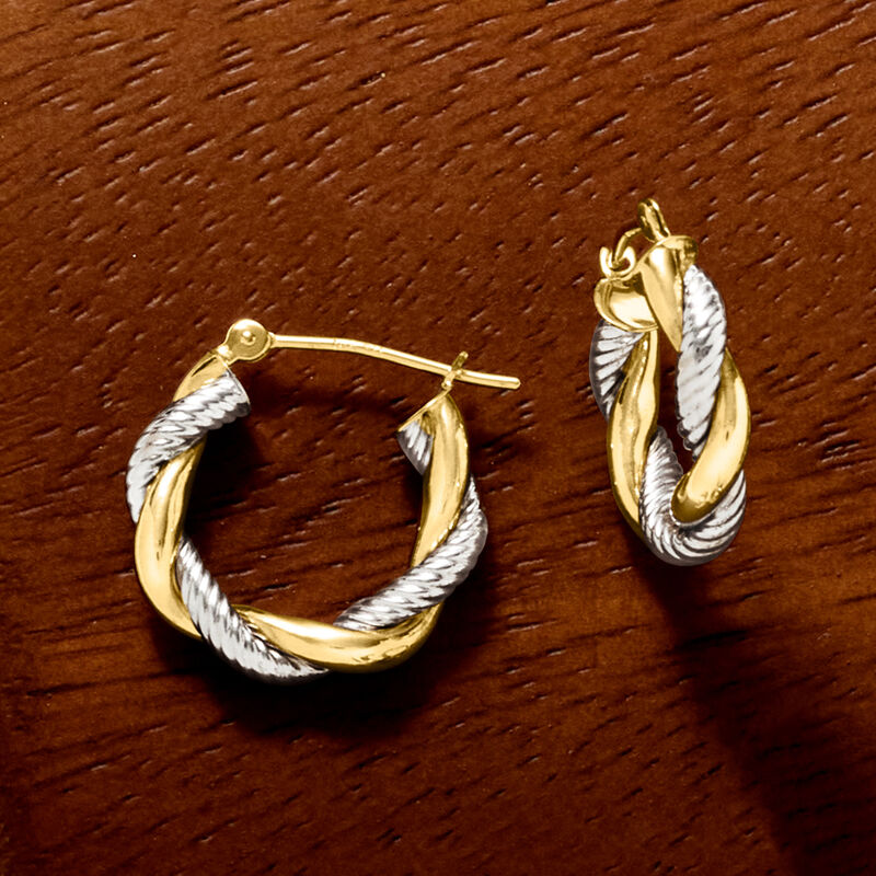 14kt Two-Tone Gold Twisted Hoop Earrings. 5/8&quot; image number 6