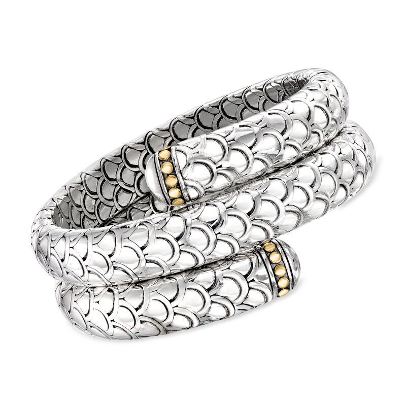 C. 1990 Vintage John Hardy Sterling Silver Scale-Pattern Coiled Bangle Bracelet with 18kt Yellow Gold. 6.5" image number 0