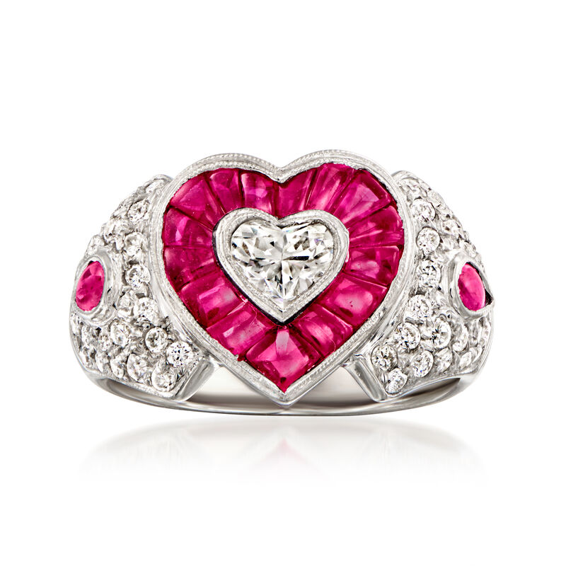 C. 1990 Vintage 1.17 ct. t.w. Diamond and .75 Carat Ruby Heart Ring in Platinum. Size 6 image number 0