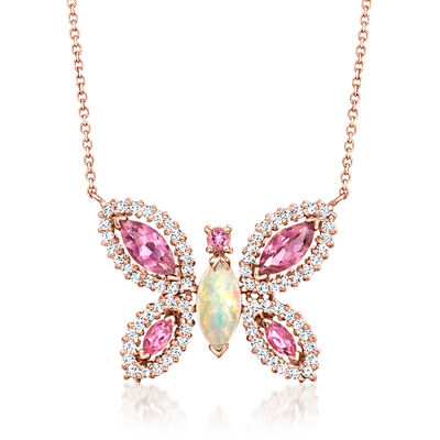 Opal and 1.48 ct. t.w. Pink Topaz Butterfly Necklace with .72 ct. t.w. Diamonds in 14kt Rose Gold
