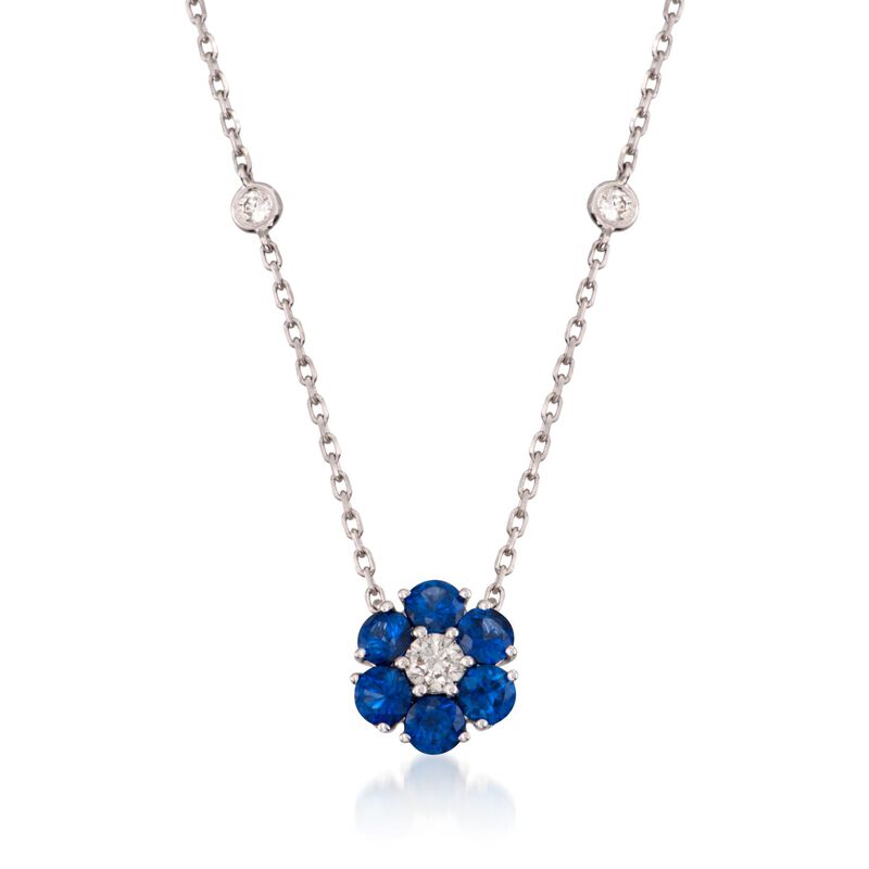 1.15 ct. t.w. Sapphire and .45 ct. t.w. Diamond Floral Station Necklace in 14kt White Gold. 18&quot; image number 0