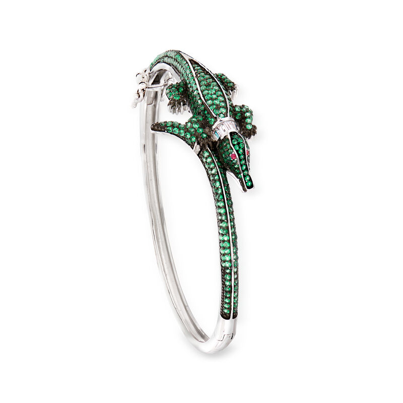 Green CZ Alligator Bangle Bracelet in Sterling Silver image number 2