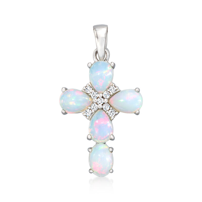 Opal and .20 ct. t.w. White Zircon Cross Pendant in Sterling Silver image number 0