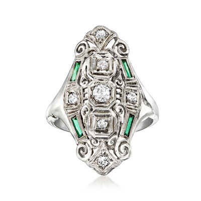 C. 1940 Vintage .22 ct. t.w. Diamond and Simulated Emerald Dinner Ring in 18kt White Gold