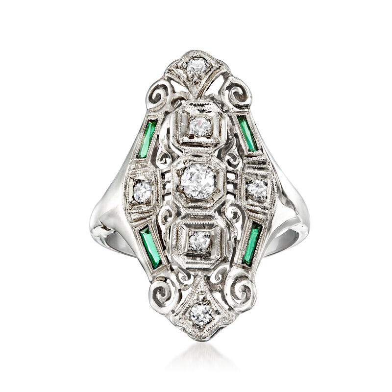 C. 1940 Vintage .22 ct. t.w. Diamond and Simulated Emerald Dinner Ring in 18kt White Gold. Size 6 image number 0