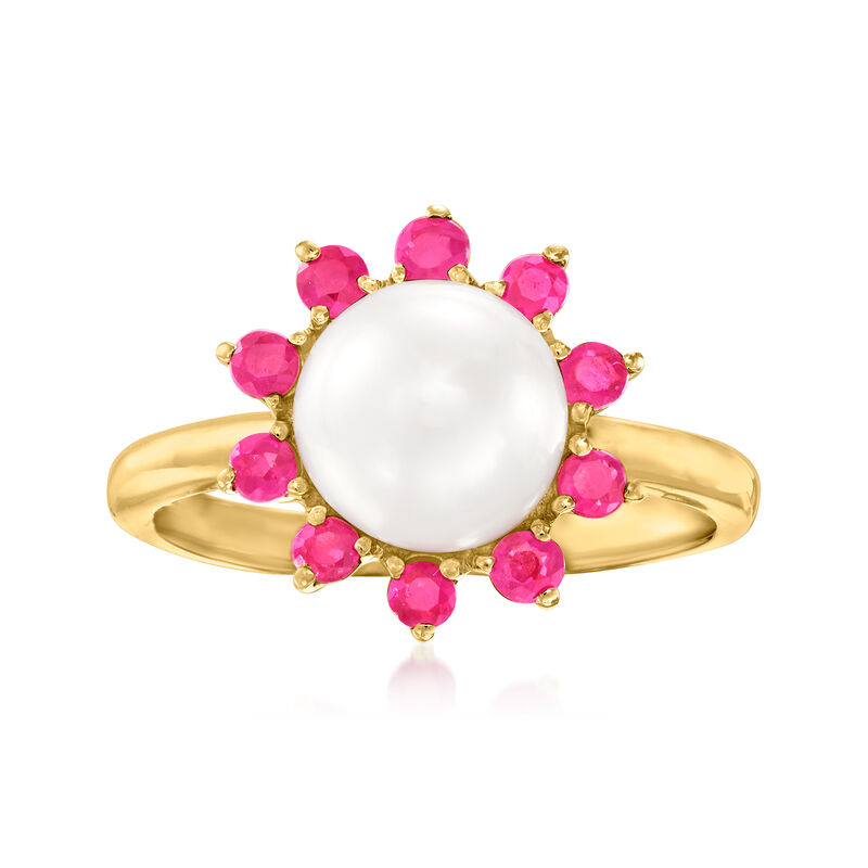 8-8.5mm Cultured Pearl Flower Ring with .40 ct. t.w. Rubies in 18kt Gold Over Sterling image number 0