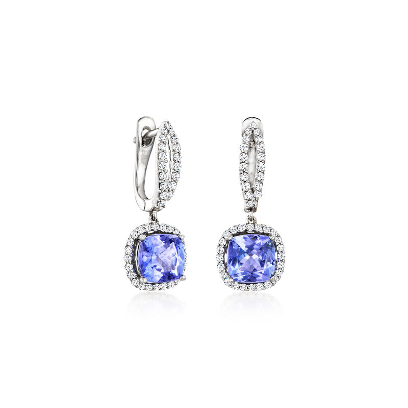 4.00 ct. t.w. Tanzanite and .55 ct. t.w. Diamond Hoop Drop Earrings in 14kt White Gold  image number 0