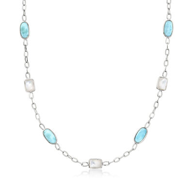 Mother-of-Pearl and Larimar Station Necklace in Sterling Silver