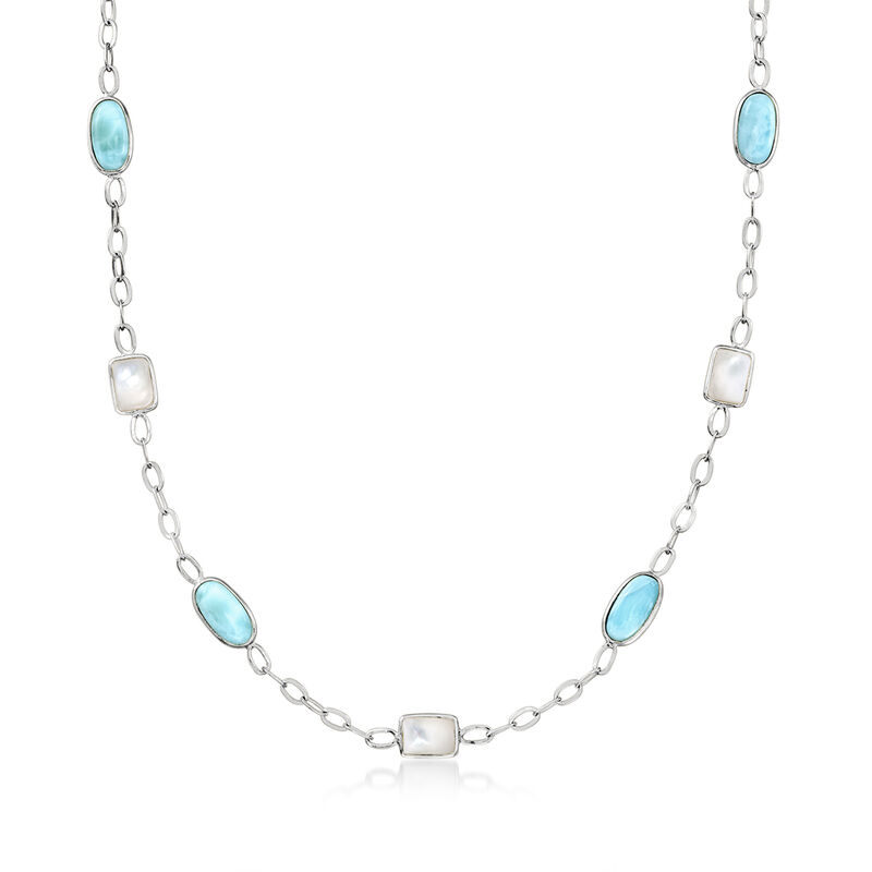 Mother-of-Pearl and Larimar Station Necklace in Sterling Silver. 18" image number 1