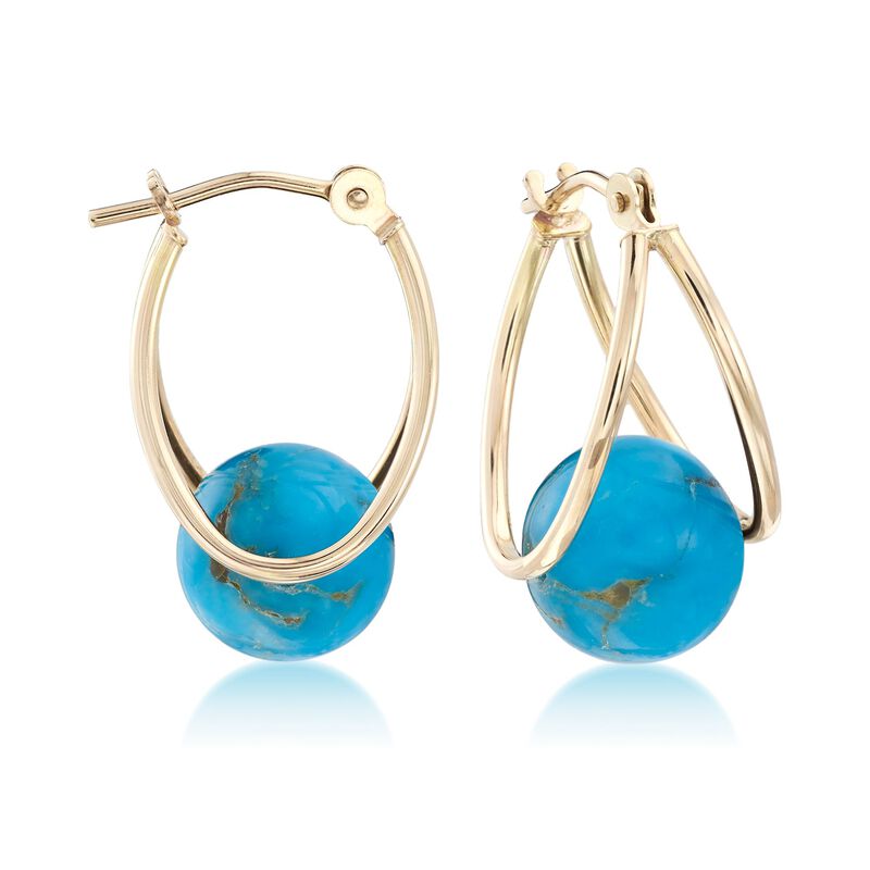 Turquoise Double-Hoop Earrings in 14kt Yellow Gold. 3/4&quot; image number 0
