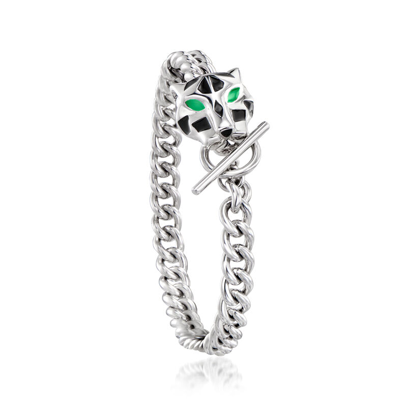 Italian Black and Green Enamel Panther Head Toggle Bracelet in Sterling Silver image number 2