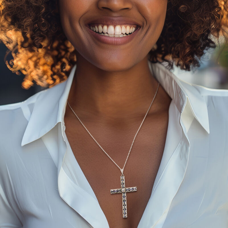 C. 1940 Vintage .50 ct. t.w. Synthetic Sapphire Cross Pendant Necklace with .30 ct. t.w. Diamonds in Platinum and 18kt White Gold. 18" image number 1