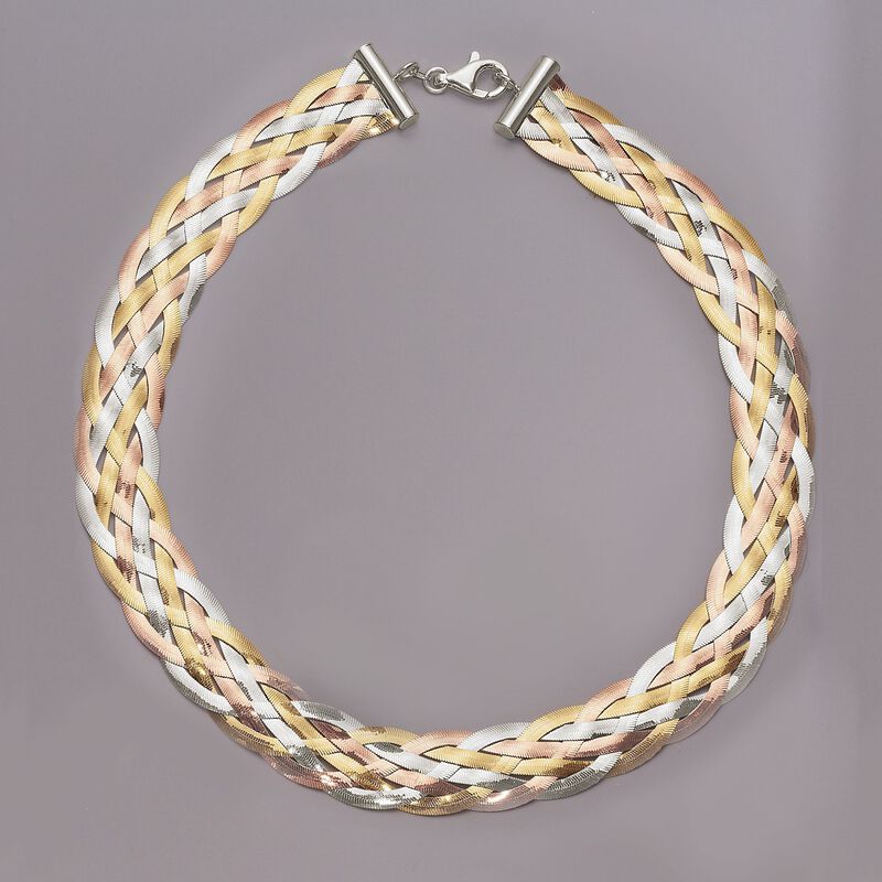Italian Sterling Silver and 18kt Two-Tone Sterling Silver Braided Herringbone Collar Necklace image number 2