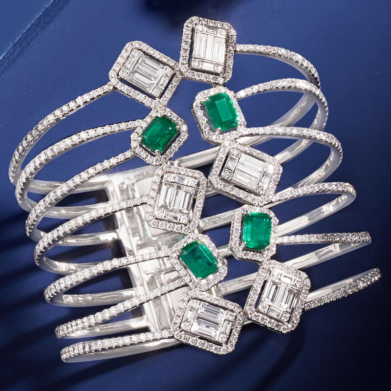 12.11 ct. t.w. Diamond and 4.90 ct. t.w. Emerald Open-Space Bangle Bracelet in 18kt White Gold image number 2