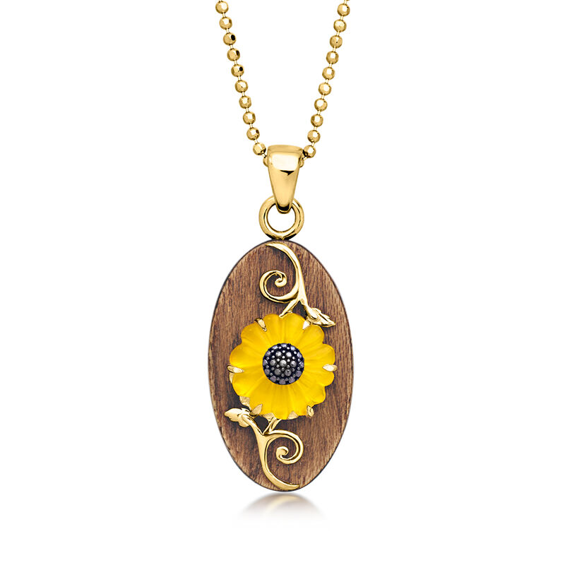 Wooden Sunflower Pendant Necklace with Yellow Chalcedony in 18kt Gold Over Sterling. 18" image number 0