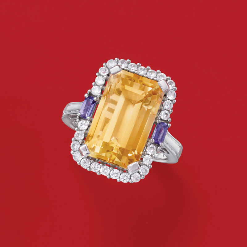 7.00 Carat Citrine, .70 ct. t.w. White Zircon and .10 ct. t.w. Iolite Ring in Sterling Silver image number 3
