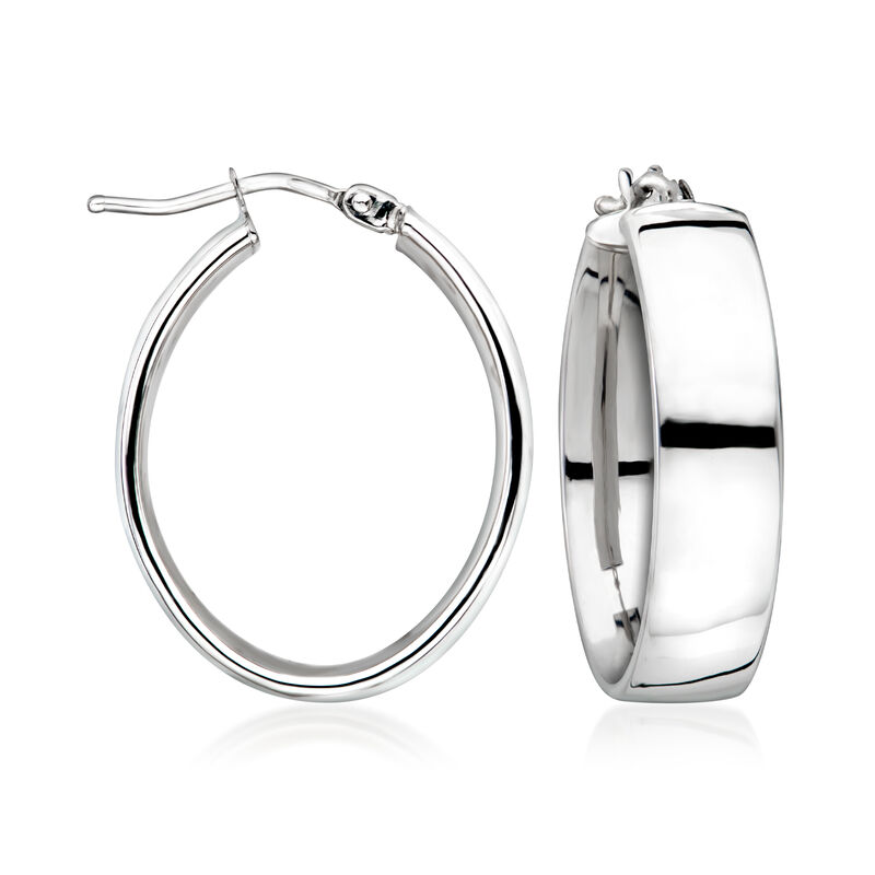 Italian 14kt White Gold Oval Hoop Earrings. 1&quot; image number 0