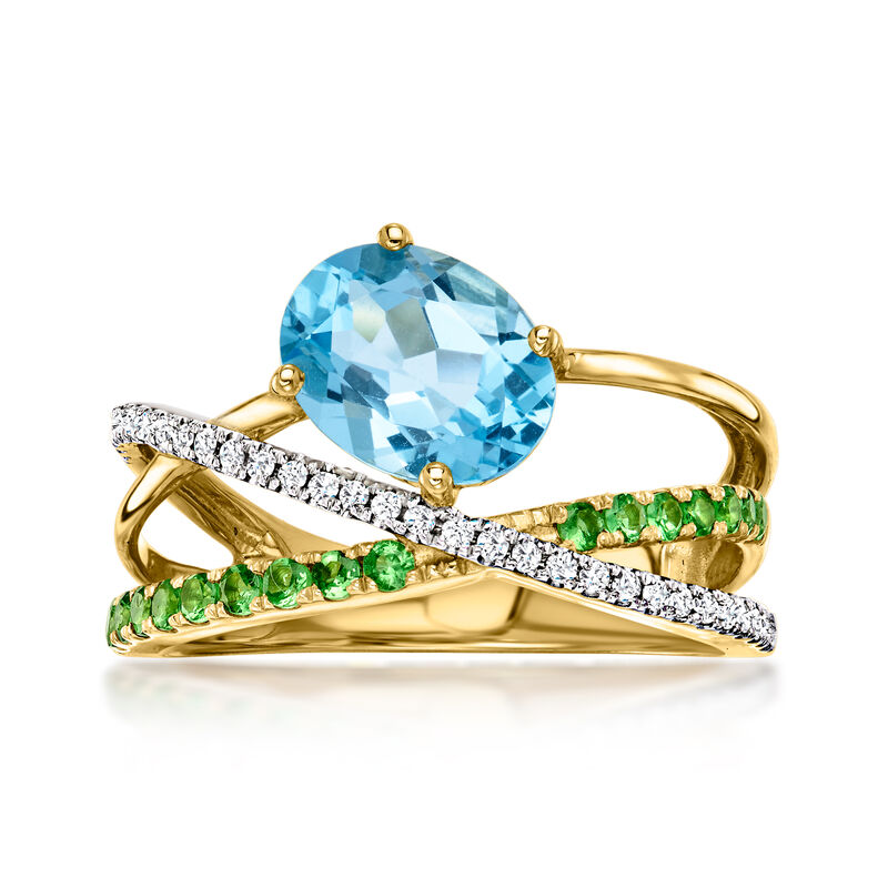 1.80 Carat Swiss Blue Topaz Highway Ring with .30 ct. t.w. Tsavorites and .13 ct. t.w. Diamonds in 14kt Yellow Gold image number 0