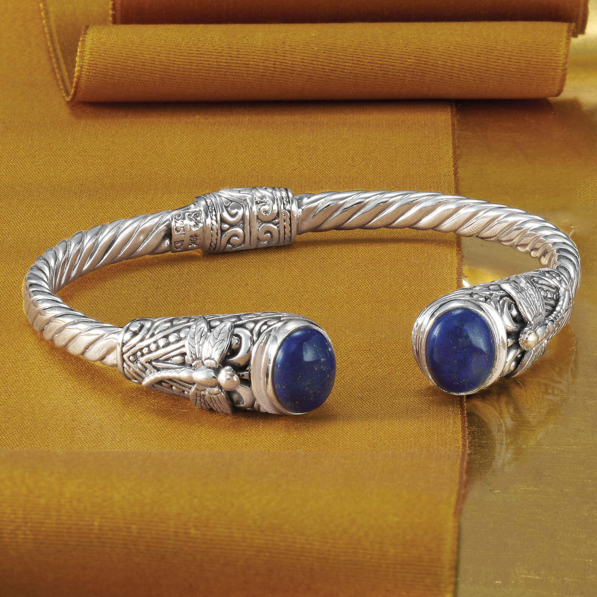 Lapis Bali-Style Dragonfly Cuff Bracelet in Sterling Silver and 18kt Yellow  Gold