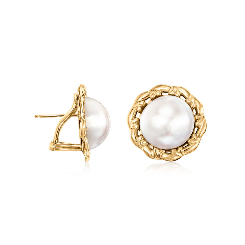 C. 1990 Vintage 13.5mm Cultured Pearl Earrings in 14kt Yellow Gold  image number 2