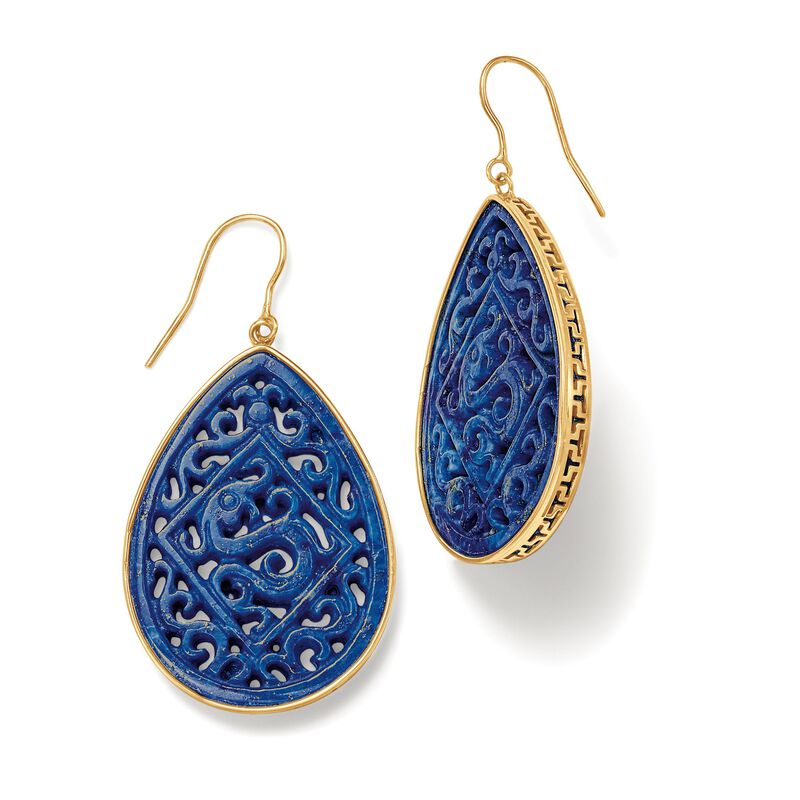 Carved Lapis Scrolled Teardrop Earrings in 14kt Yellow Gold image number 2
