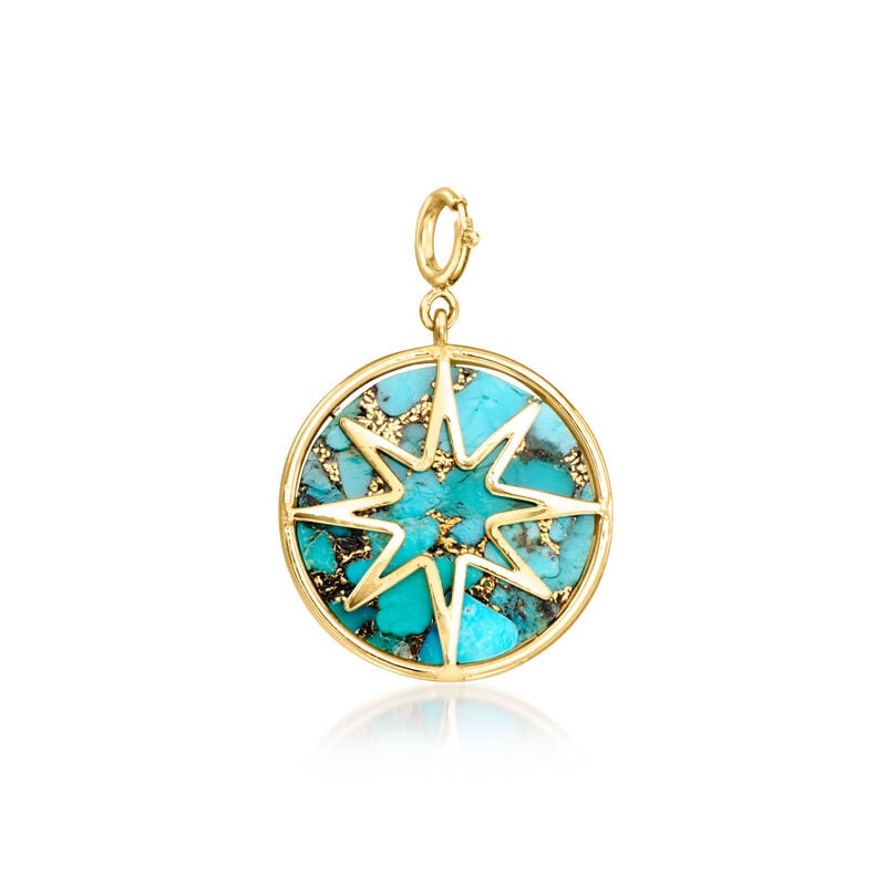 Turquoise and White Topaz Compass Charm with Single Swiss Blue Topaz in 18kt Gold Over Sterling image number 3