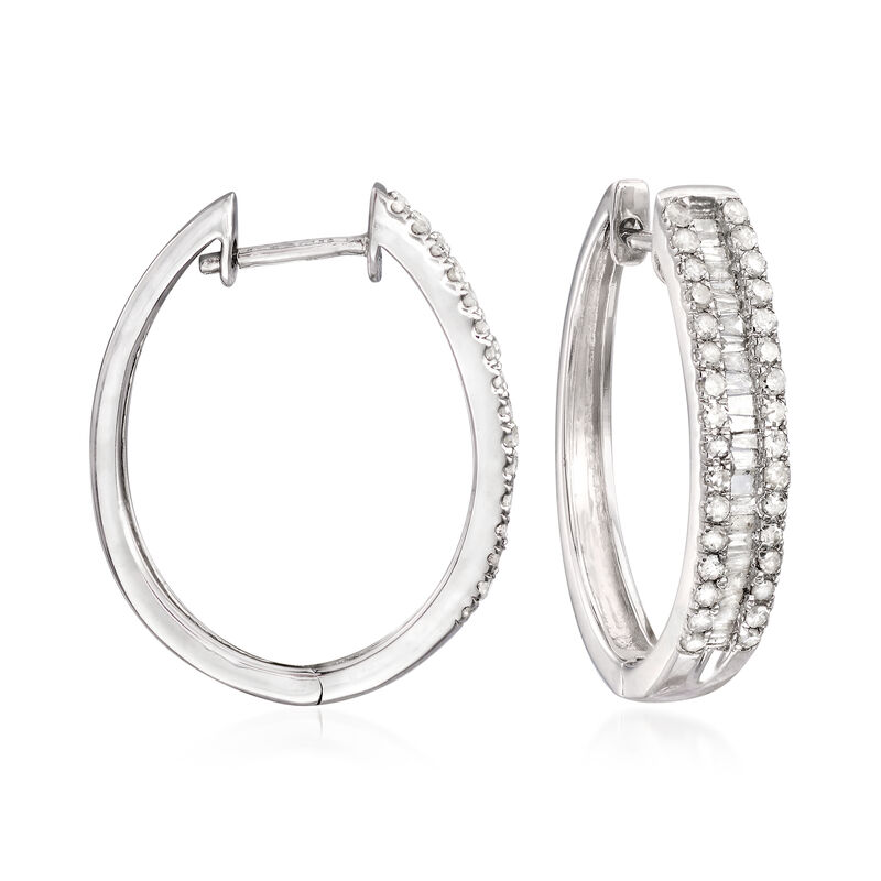 1.00 ct. t.w. Baguette and Round Diamond Hoop Earrings in Sterling Silver. 7/8&quot; image number 0