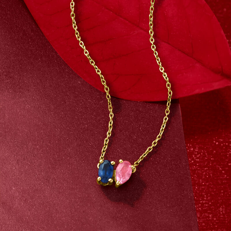 .30 ct. t.w. Blue and Pink Sapphire Toi et Moi Necklace in 14kt Yellow Gold. 16"