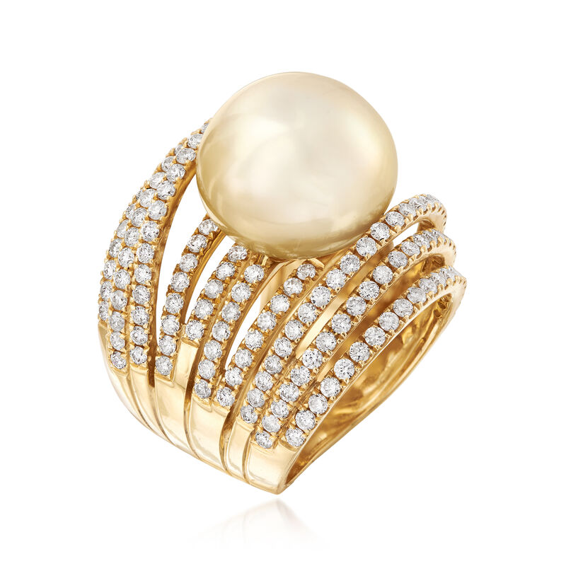 14-15mm Golden Cultured South Sea Pearl and 2.45 ct. t.w. Diamond Ring in 18kt Yellow Gold image number 2
