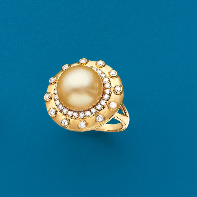 13-14mm Cultured Golden South Sea Pearl and .83 ct. t.w. Diamond Ring in 18kt Yellow Gold image number 4