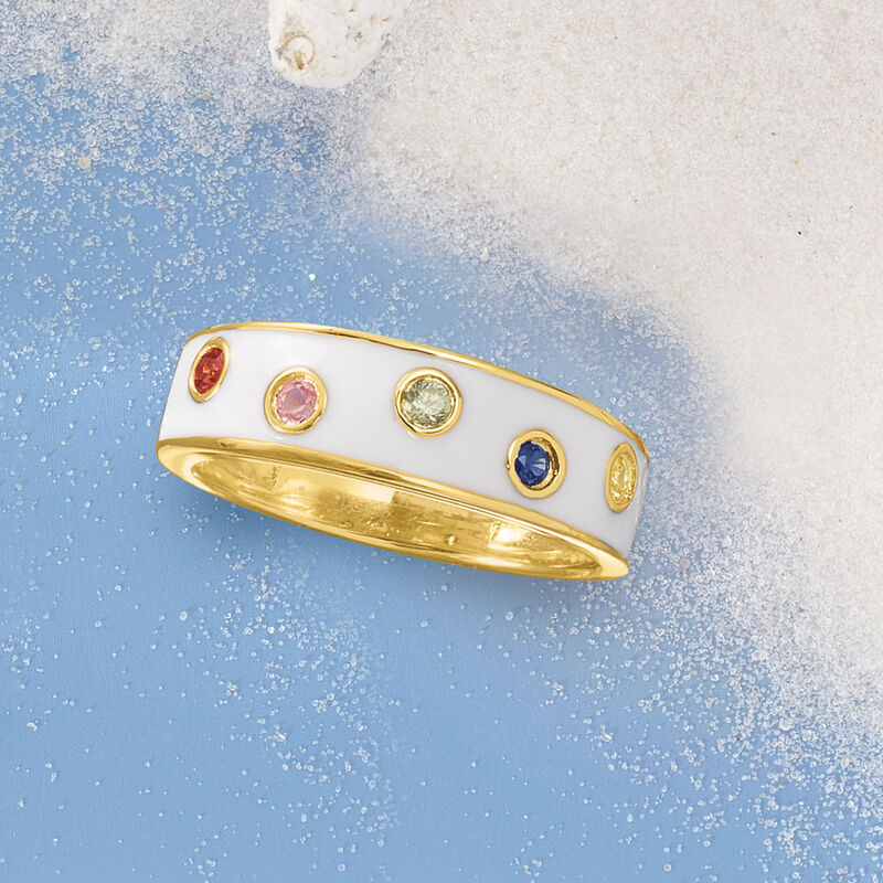 .20 ct. t.w. Multicolored Sapphire and White Enamel Ring in 18kt Gold Over Sterling image number 3