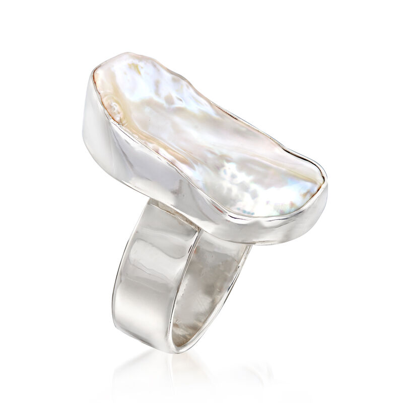 25x13mm Bezel-Set Cultured Semi-Baroque Pearl Ring in Sterling Silver image number 2